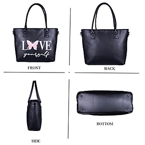 Passage Black Love Yourself Print Faux Leather Tote Bag with Shoulder Strap