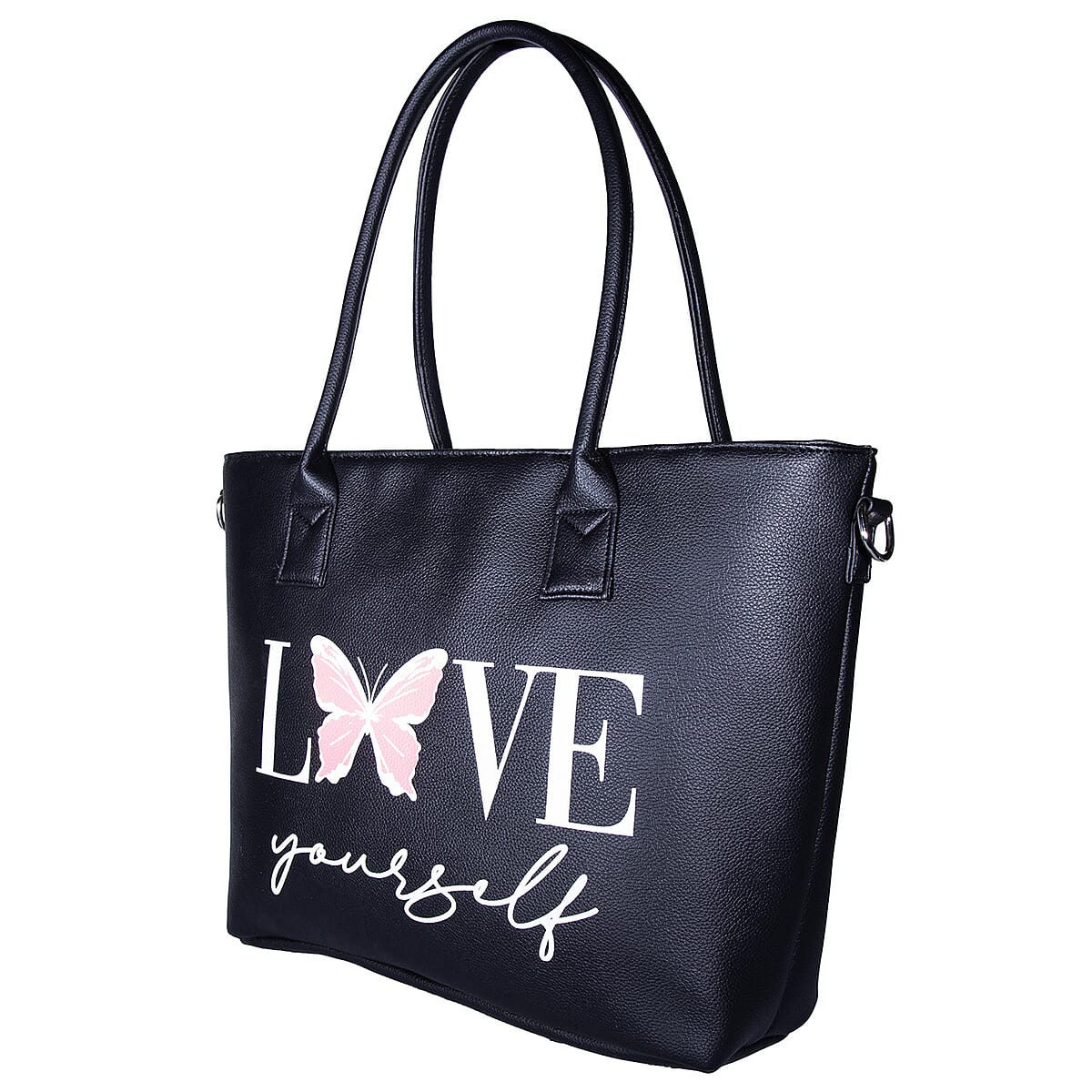 Passage Black Love Yourself Print Faux Leather Tote Bag with Shoulder Strap image number 4