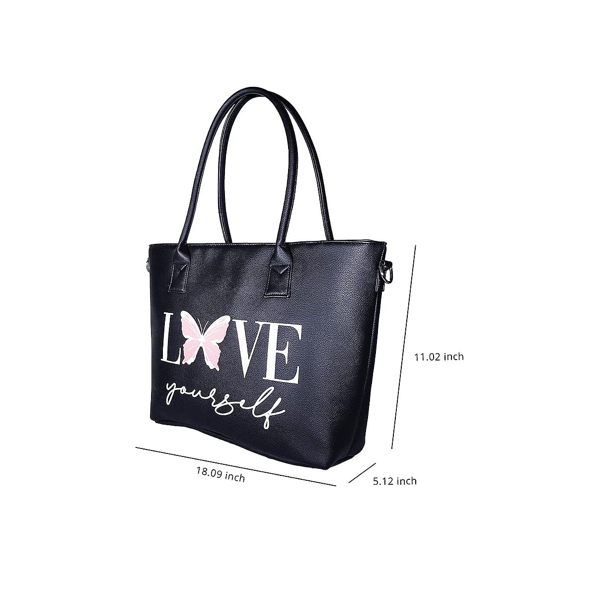 Passage Black Love Yourself Print Faux Leather Tote Bag with Shoulder Strap image number 6