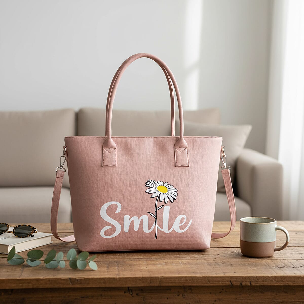 Passage Blush Pink Smile Print Faux Leather Tote Bag with Shoulder Strap image number 1