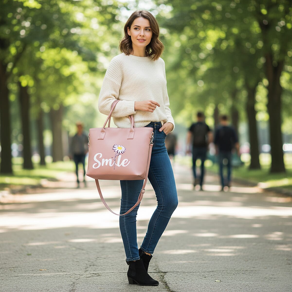 Passage Blush Pink Smile Print Faux Leather Tote Bag with Shoulder Strap image number 2