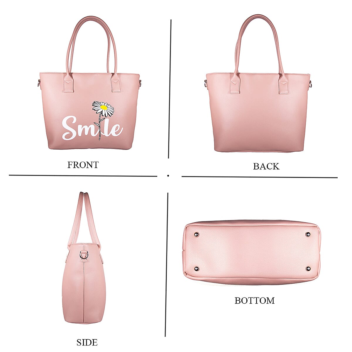 Passage Blush Pink Smile Print Faux Leather Tote Bag with Shoulder Strap image number 3