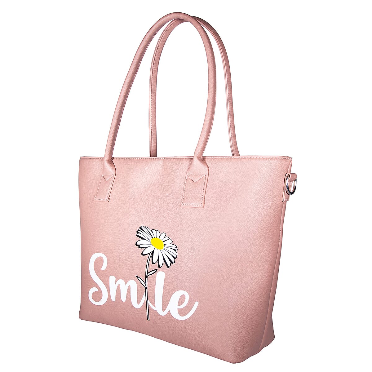 Passage Blush Pink Smile Print Faux Leather Tote Bag with Shoulder Strap image number 4