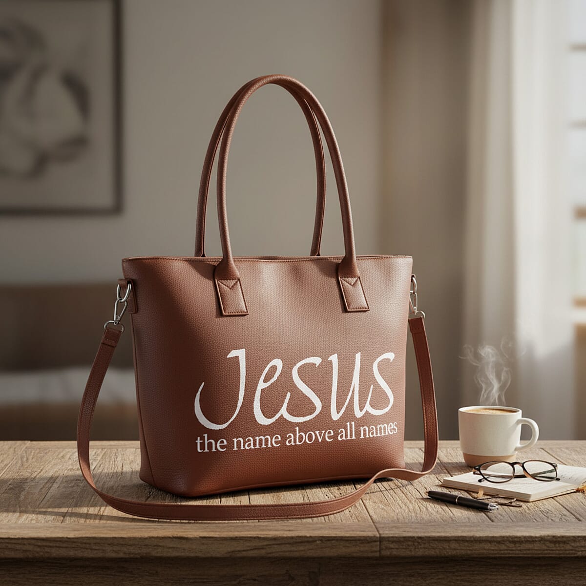 Passage Brown Jesus Print Faux Leather Tote Bag with Shoulder Strap image number 1