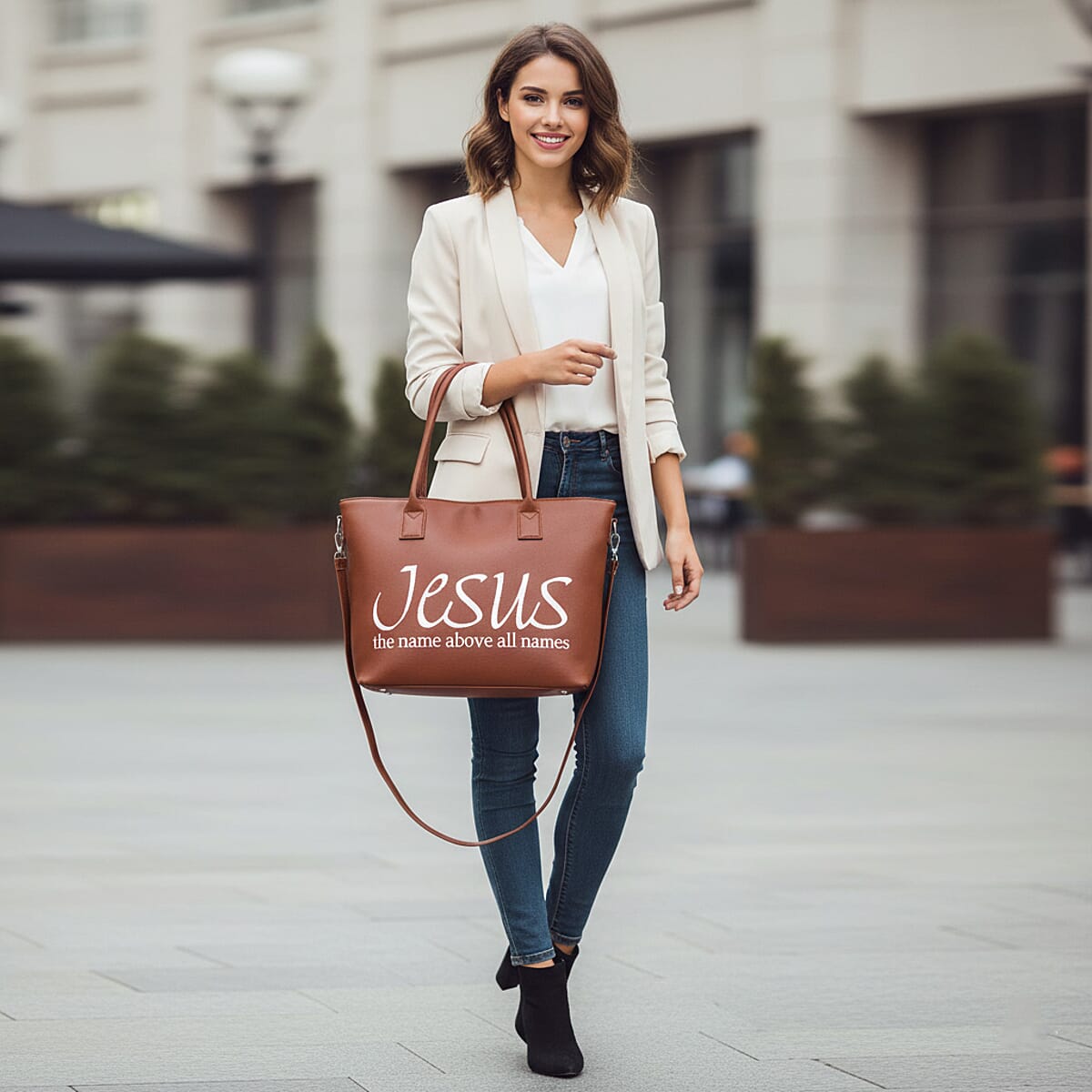 Passage Brown Jesus Print Faux Leather Tote Bag with Shoulder Strap image number 2