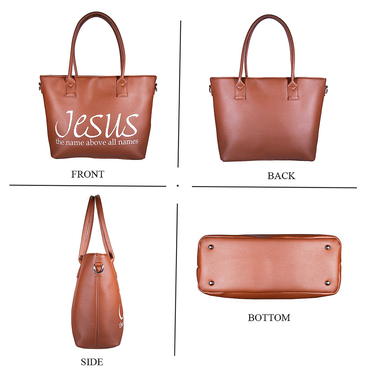 Passage Brown Jesus Print Faux Leather Tote Bag with Shoulder Strap image number 3