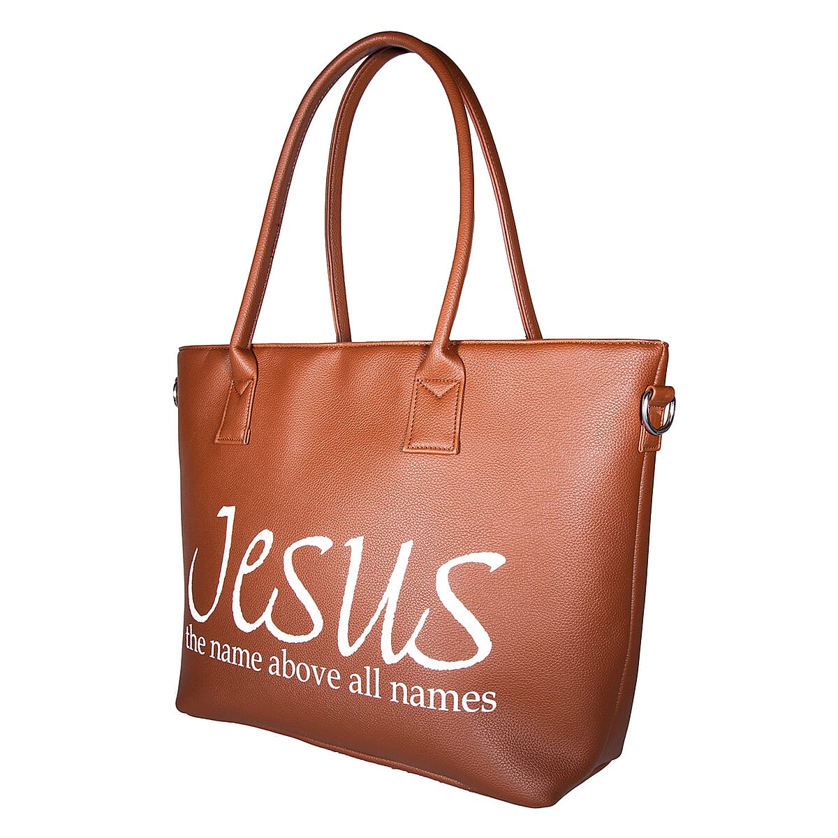 Passage Brown Jesus Print Faux Leather Tote Bag with Shoulder Strap image number 4