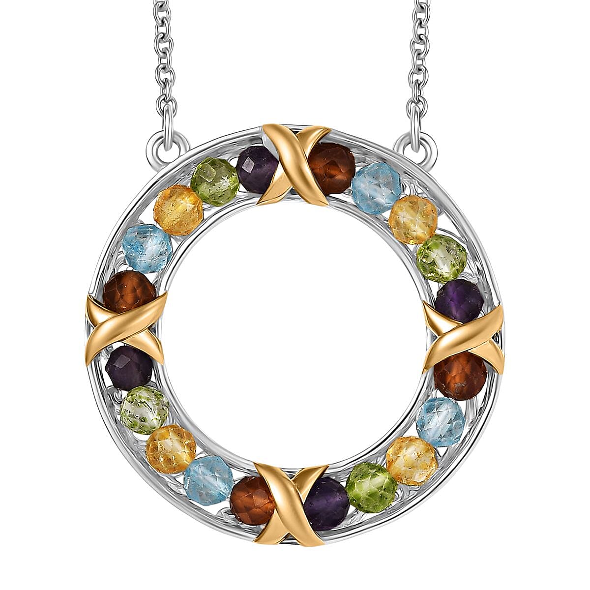 EverTrue Multi Gemstone 5.80 ctw XOXO Circle Necklace 18K YG Plated and Platinum Bond 18 Inches image number 0