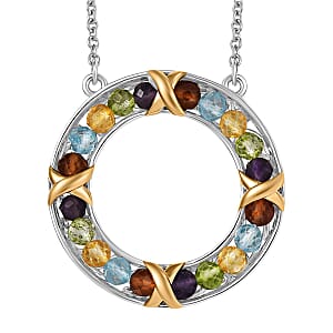 EverTrue Multi Gemstone 5.80 ctw XOXO Circle Necklace 18K YG Plated and Platinum Bond 18 Inches