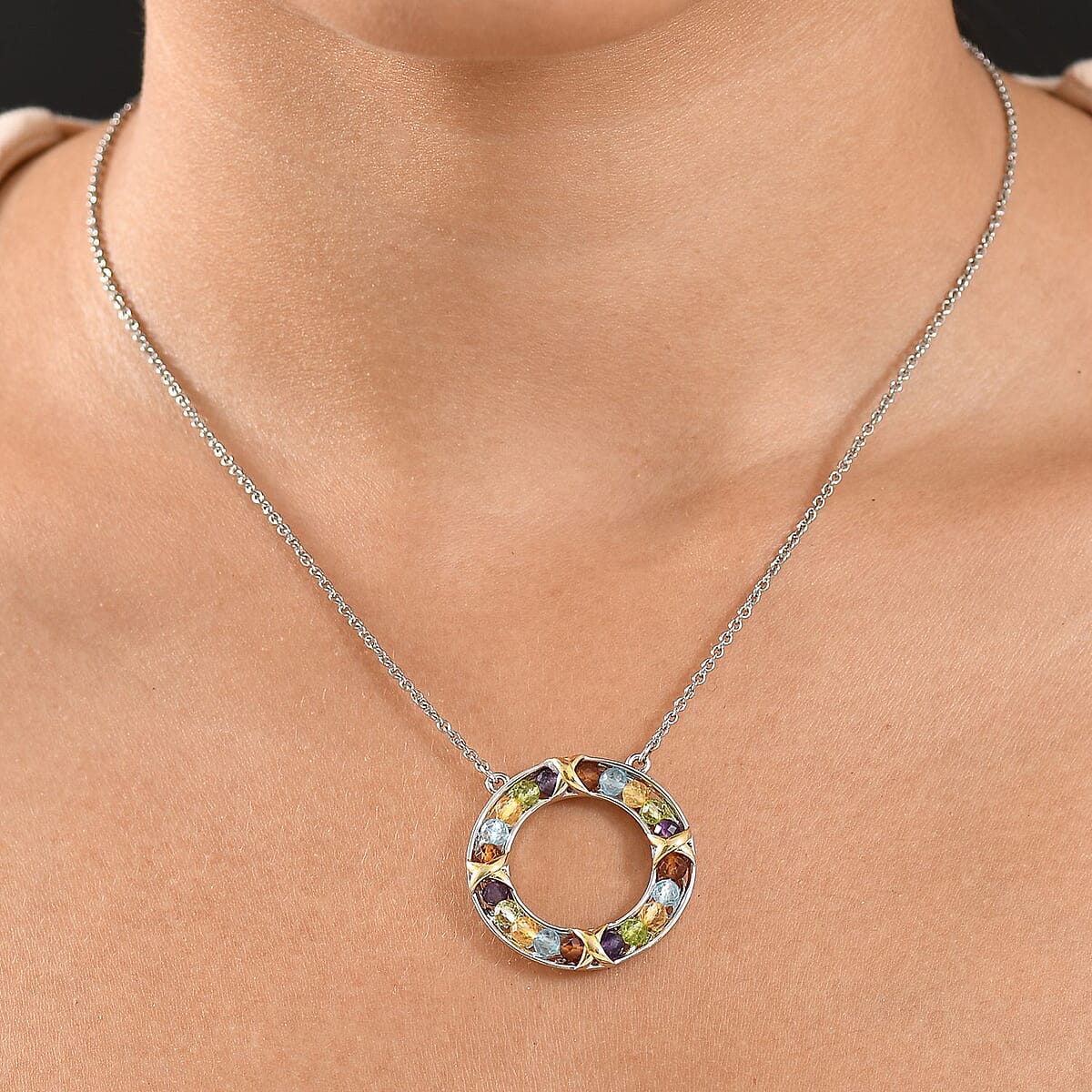 EverTrue Multi Gemstone 5.80 ctw XOXO Circle Necklace 18K YG Plated and Platinum Bond 18 Inches image number 1