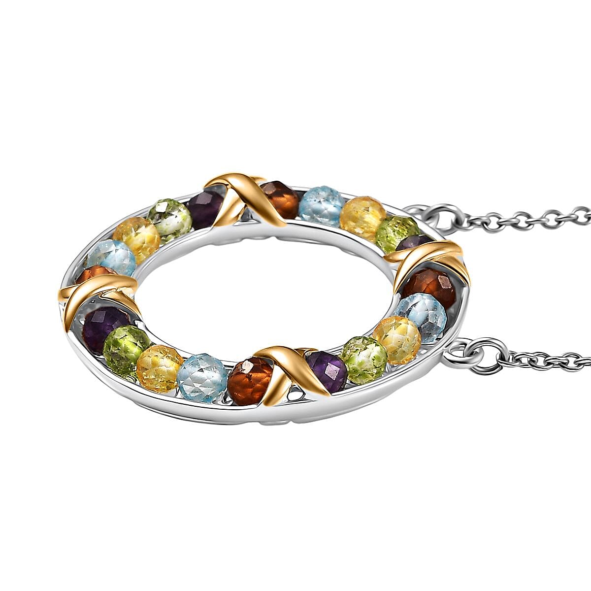 EverTrue Multi Gemstone 5.80 ctw XOXO Circle Necklace 18K YG Plated and Platinum Bond 18 Inches image number 2