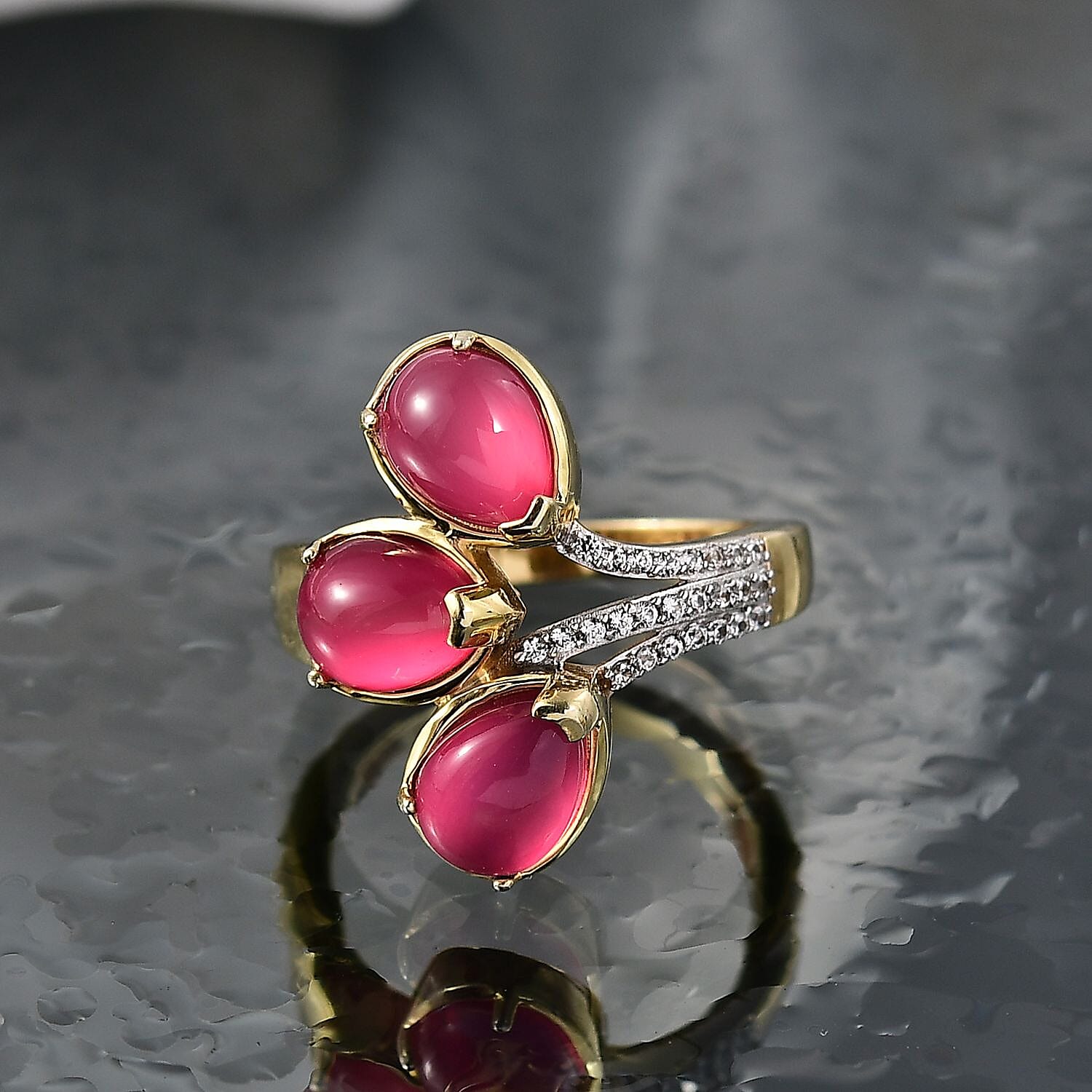 D'Joy Mulberry Moonstone and White Zircon 3.90 ctw Ring in 18K YG Over Sterling Silver (Size 10.0)