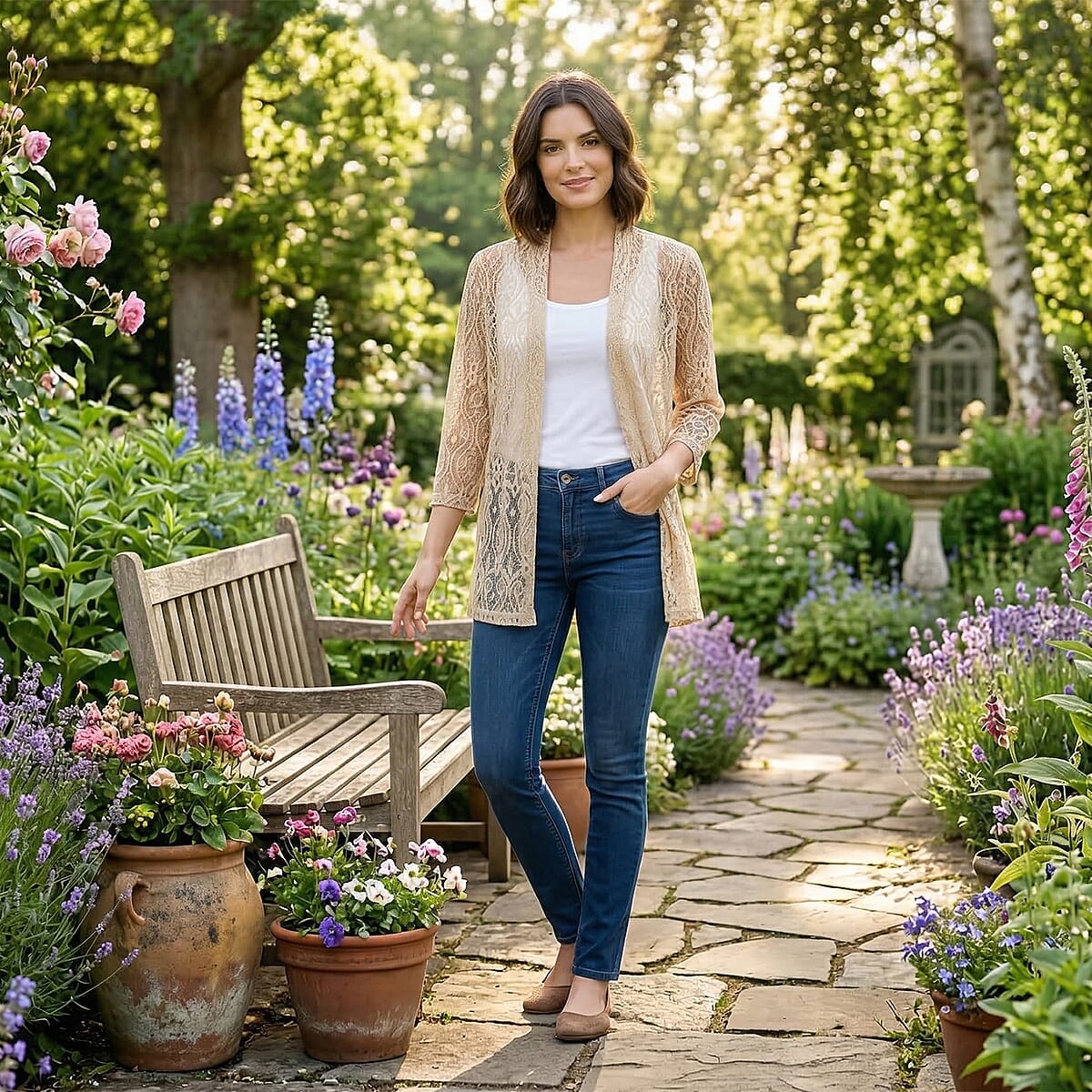 BRITANY BLACK Champagne Long Sleeve Lace Sequin Cardigan - L image number 1