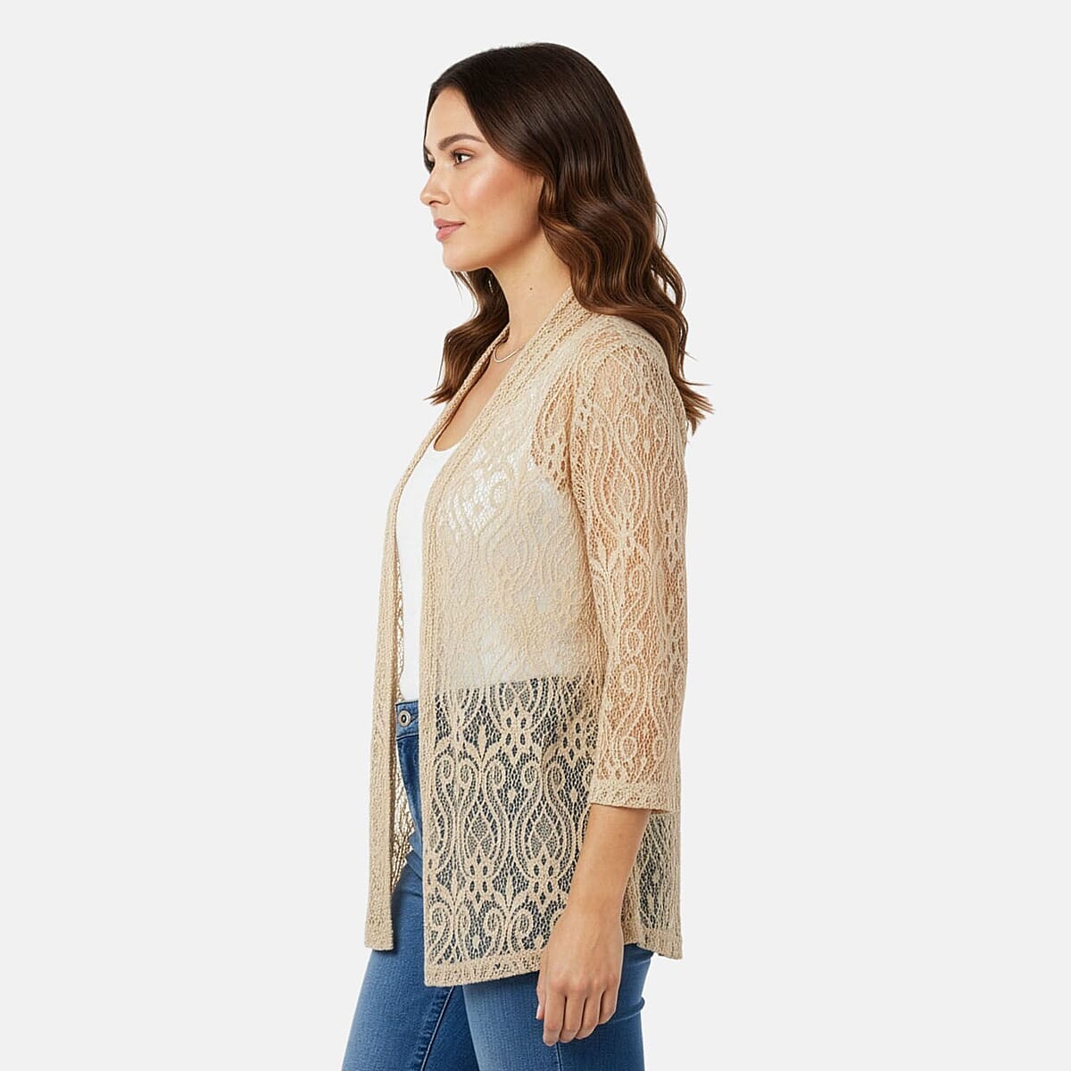 BRITANY BLACK Champagne Long Sleeve Lace Sequin Cardigan - L image number 3