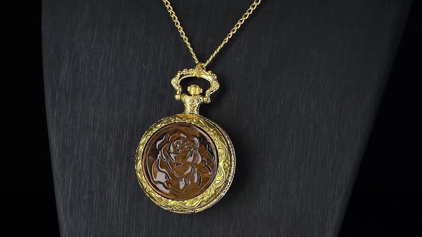 Strada Yellow Tigers Eye Japanese Movement Rose Pattern Watch in Goldtone 5.00 ctw