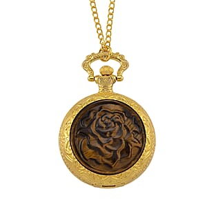 Strada Yellow Tigers Eye Japanese Movement Rose Pattern Watch in Goldtone 5.00 ctw