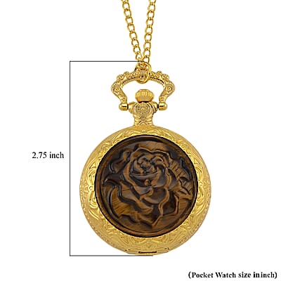 Strada Yellow Tigers Eye Japanese Movement Rose Pattern Watch in Goldtone 5.00 ctw