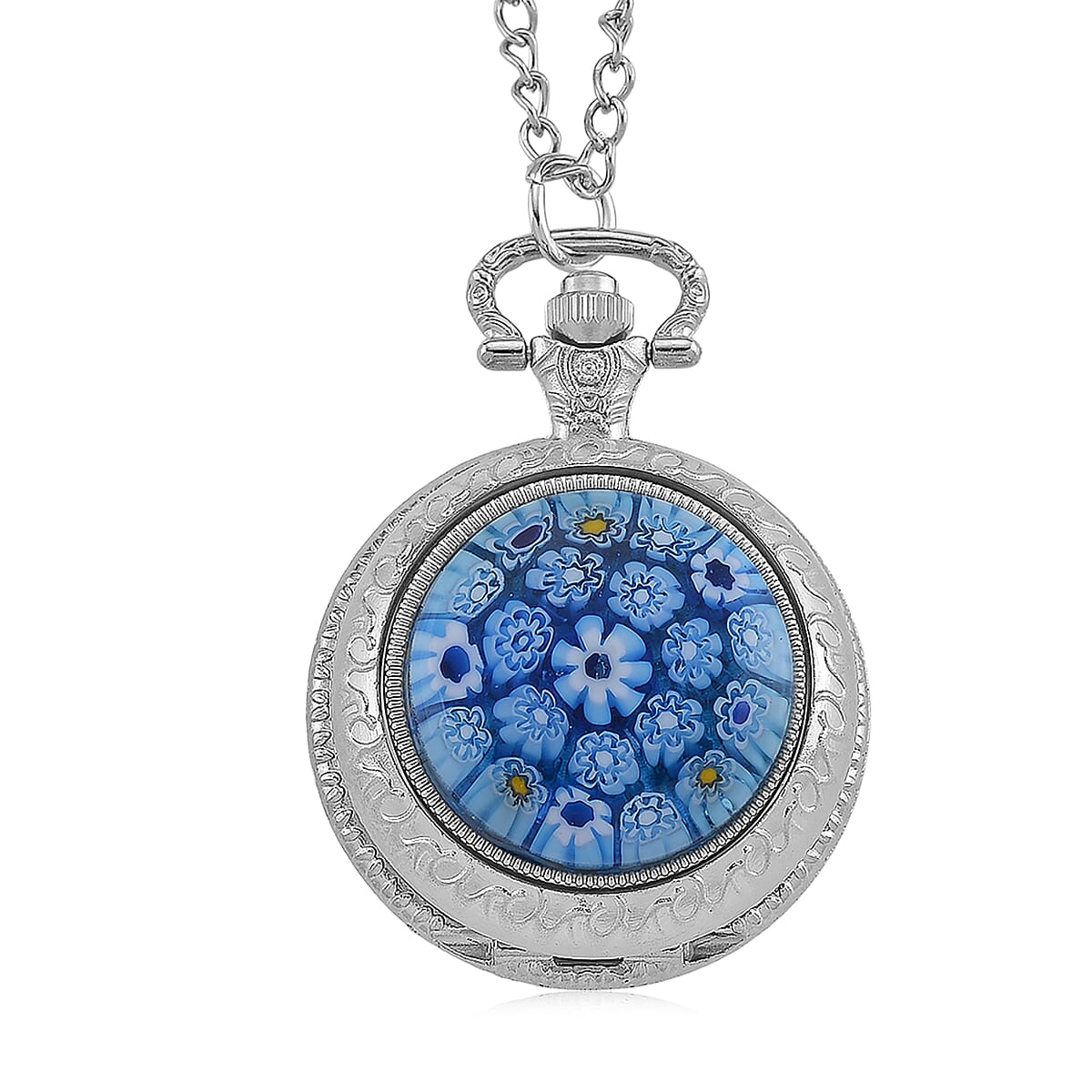 Strada Rotating Blue Murano Style Japanese Movement Pocket Watch with Chain (36 Inches) in Silvertone image number 0