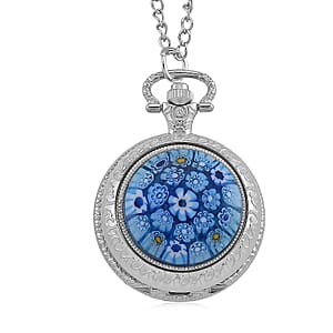 Strada Rotating Blue Murano Style Japanese Movement Pocket Watch with Chain (36 Inches) in Silvertone