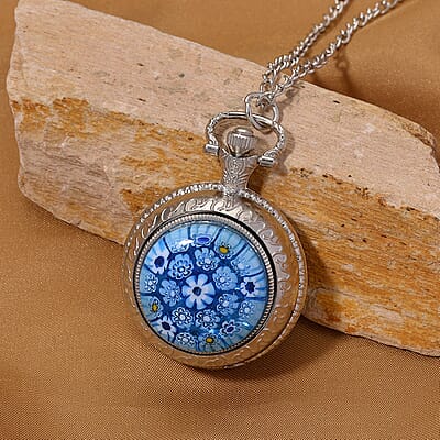 Strada Rotating Blue Murano Style Japanese Movement Pocket Watch with Chain (36 Inches) in Silvertone