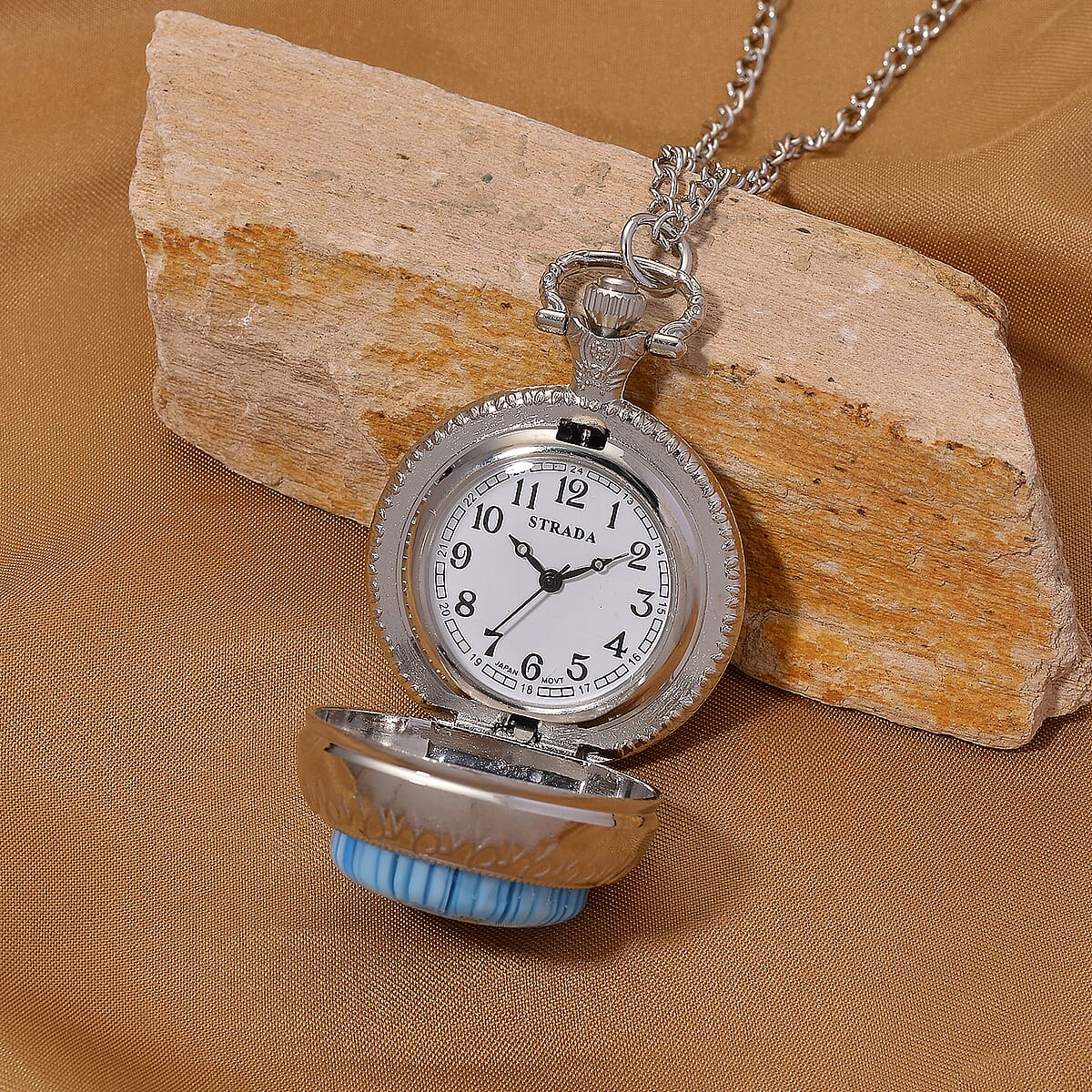 Strada Rotating Blue Murano Style Japanese Movement Pocket Watch with Chain (36 Inches) in Silvertone image number 2