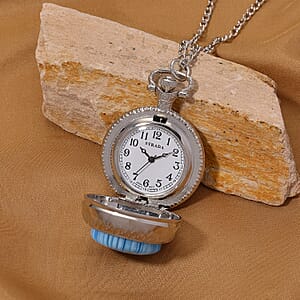 Strada Rotating Blue Murano Style Japanese Movement Pocket Watch with Chain (36 Inches) in Silvertone