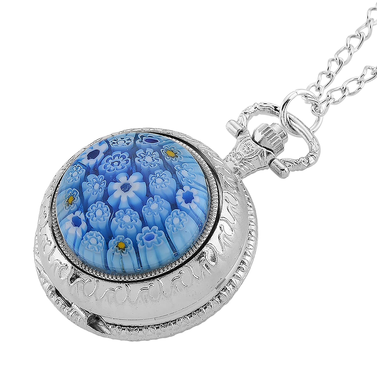 Strada Rotating Blue Murano Style Japanese Movement Pocket Watch with Chain (36 Inches) in Silvertone image number 3