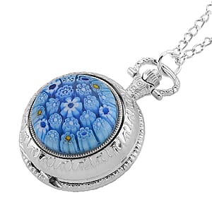 Strada Rotating Blue Murano Style Japanese Movement Pocket Watch with Chain (36 Inches) in Silvertone