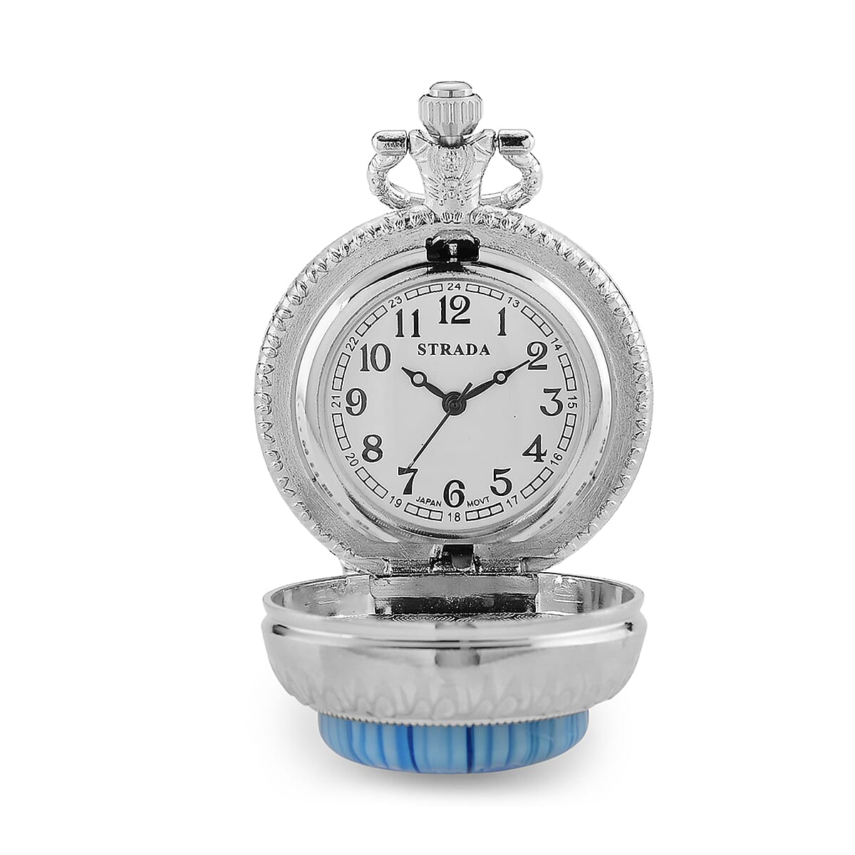 Strada Rotating Blue Murano Style Japanese Movement Pocket Watch with Chain (36 Inches) in Silvertone image number 4