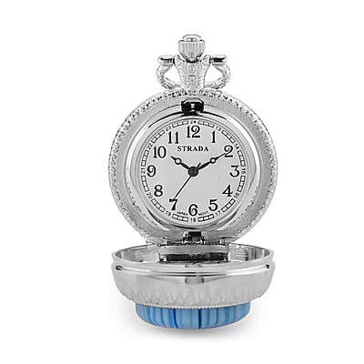 Strada Rotating Blue Murano Style Japanese Movement Pocket Watch with Chain (36 Inches) in Silvertone