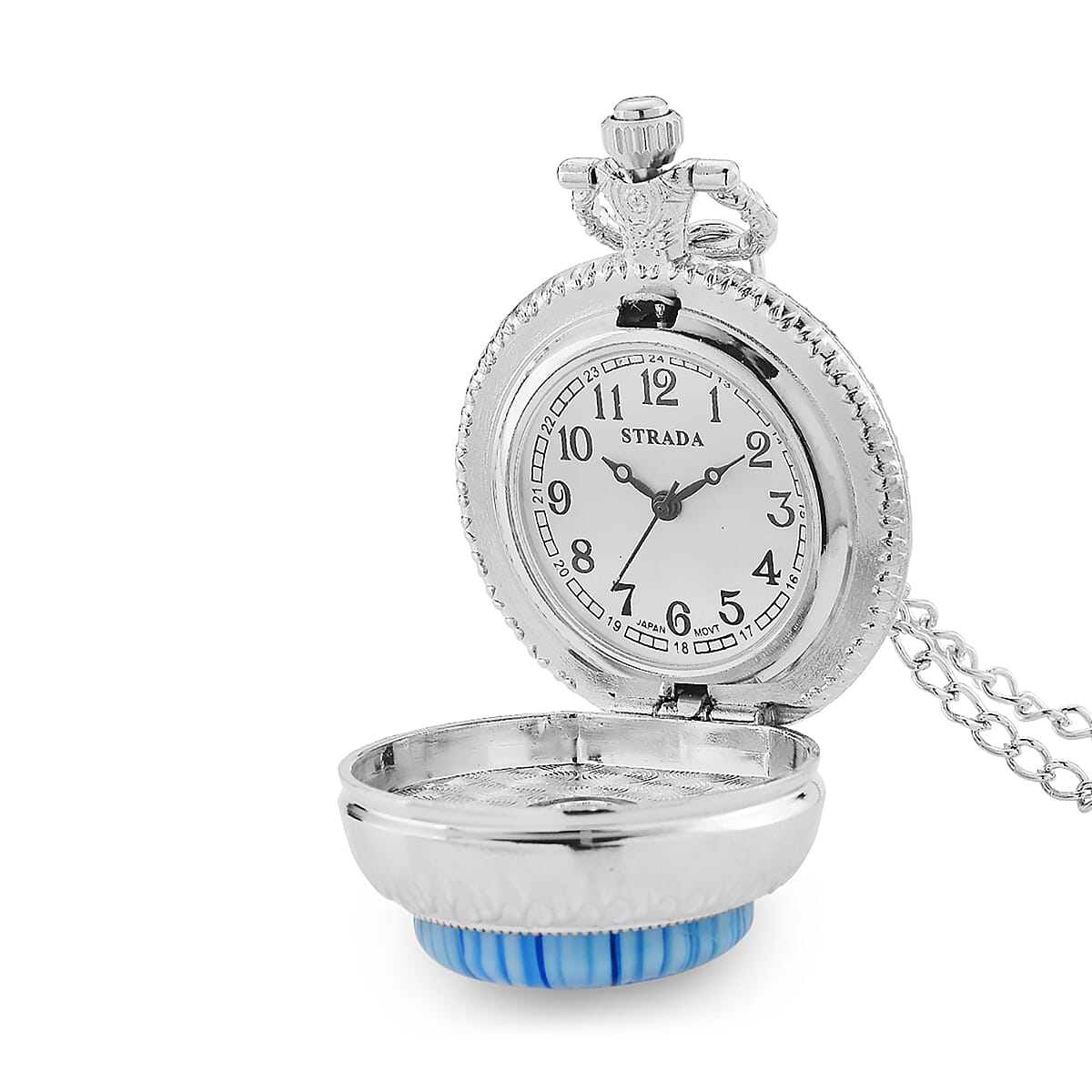 Strada Rotating Blue Murano Style Japanese Movement Pocket Watch with Chain (36 Inches) in Silvertone image number 5