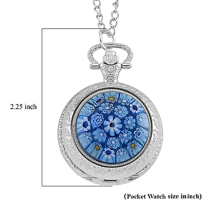 Strada Rotating Blue Murano Style Japanese Movement Pocket Watch with Chain (36 Inches) in Silvertone
