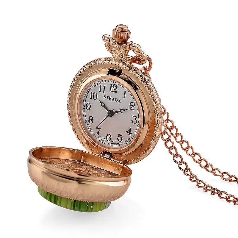 Strada Rotating Green Murano Style Japanese Movement Pocket Watch with Chain (36 Inches) in Rosetone