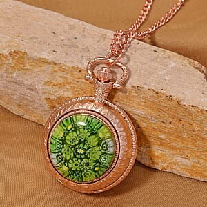 Strada Rotating Green Murano Style Japanese Movement Pocket Watch with Chain (36 Inches) in Rosetone