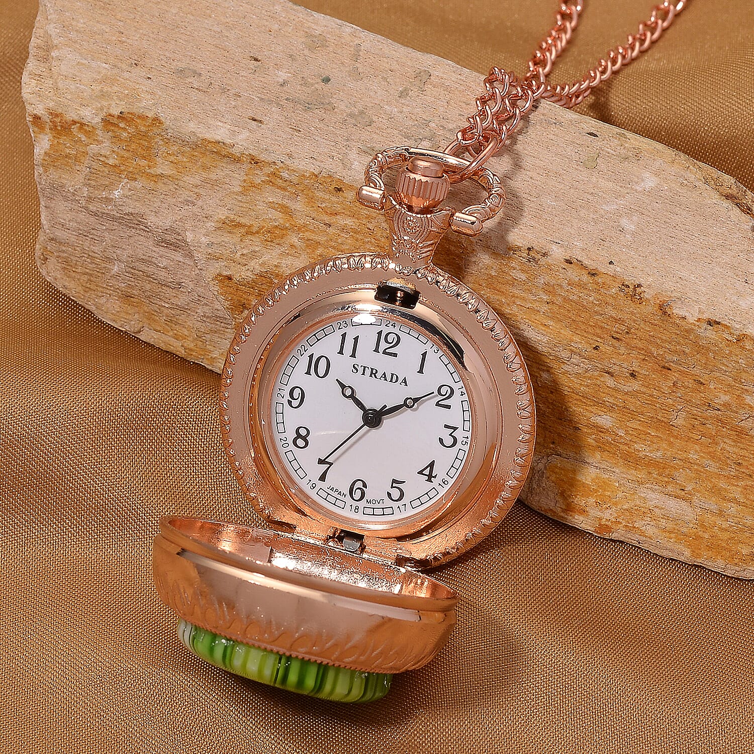 Strada Rotating Green Murano Style Japanese Movement Pocket Watch with Chain (36 Inches) in Rosetone