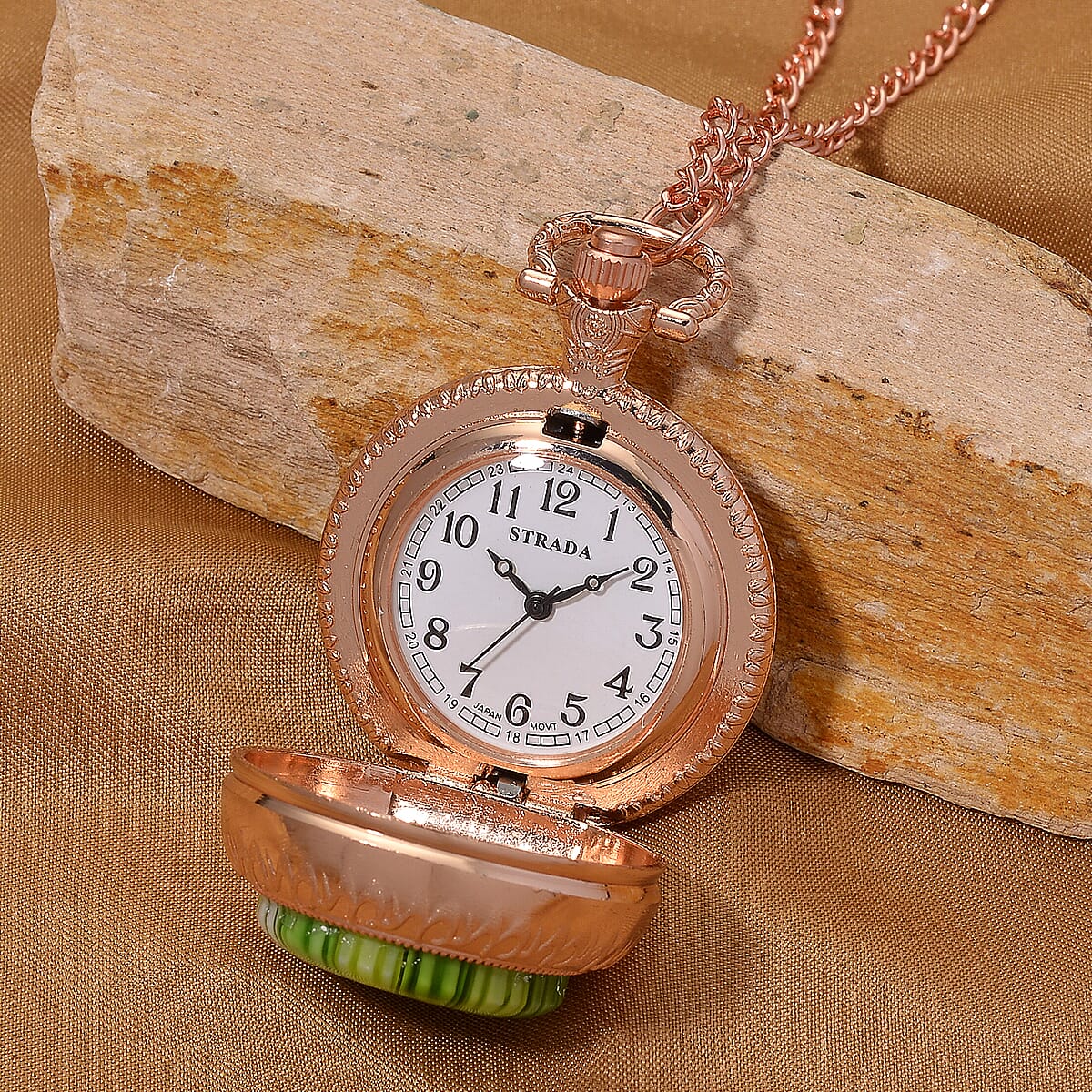 Strada Rotating Green Murano Style Japanese Movement Pocket Watch with Chain (36 Inches) in Rosetone image number 2