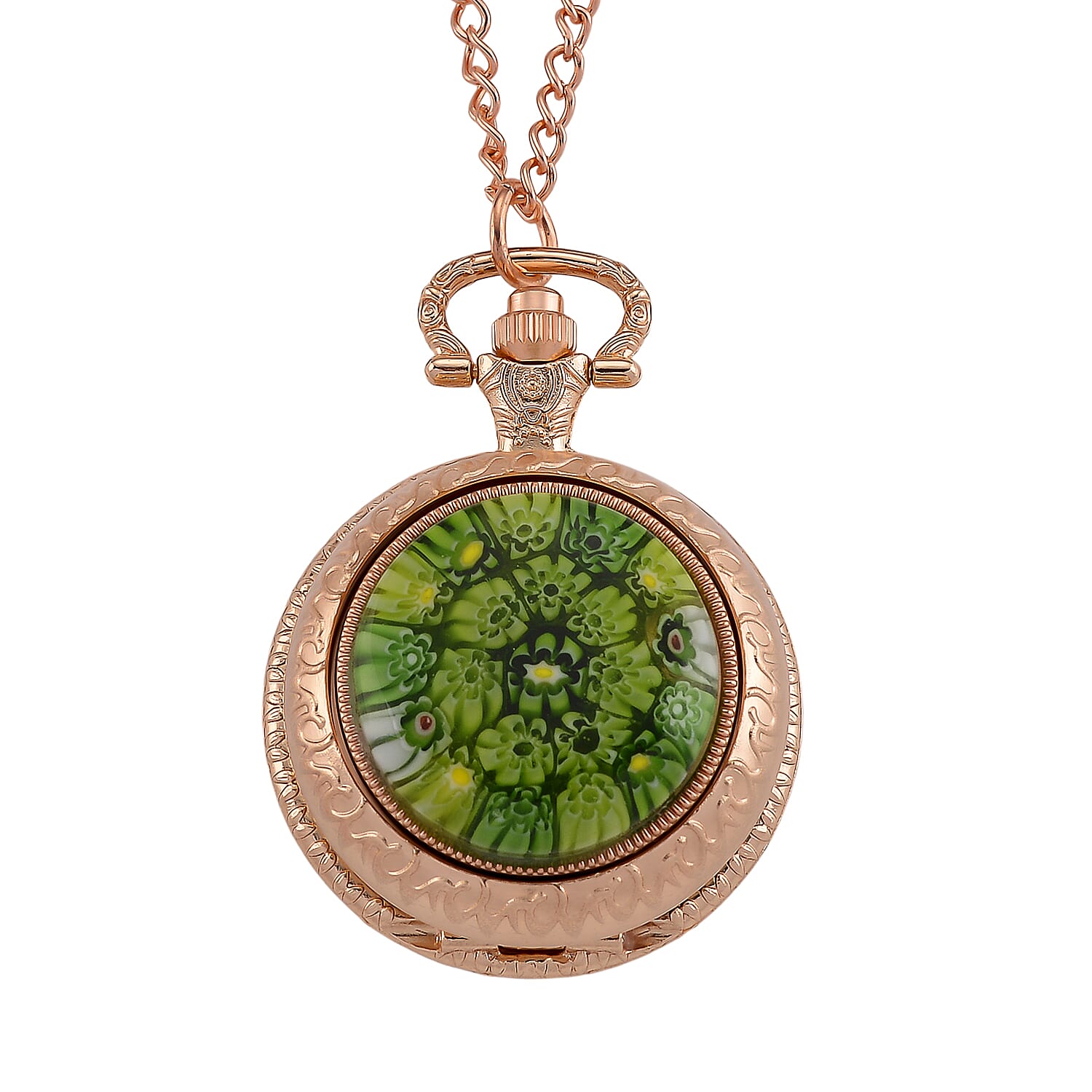 Strada Rotating Green Murano Style Japanese Movement Pocket Watch with Chain (36 Inches) in Rosetone