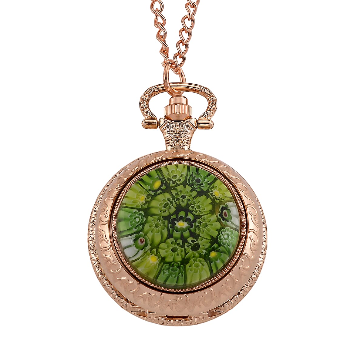 Strada Rotating Green Murano Style Japanese Movement Pocket Watch with Chain (36 Inches) in Rosetone image number 3