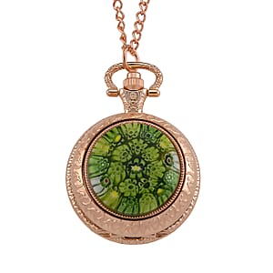 Strada Rotating Green Murano Style Japanese Movement Pocket Watch with Chain (36 Inches) in Rosetone