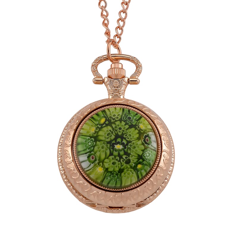 Strada Rotating Green Murano Style Japanese Movement Pocket Watch with Chain (36 Inches) in Rosetone