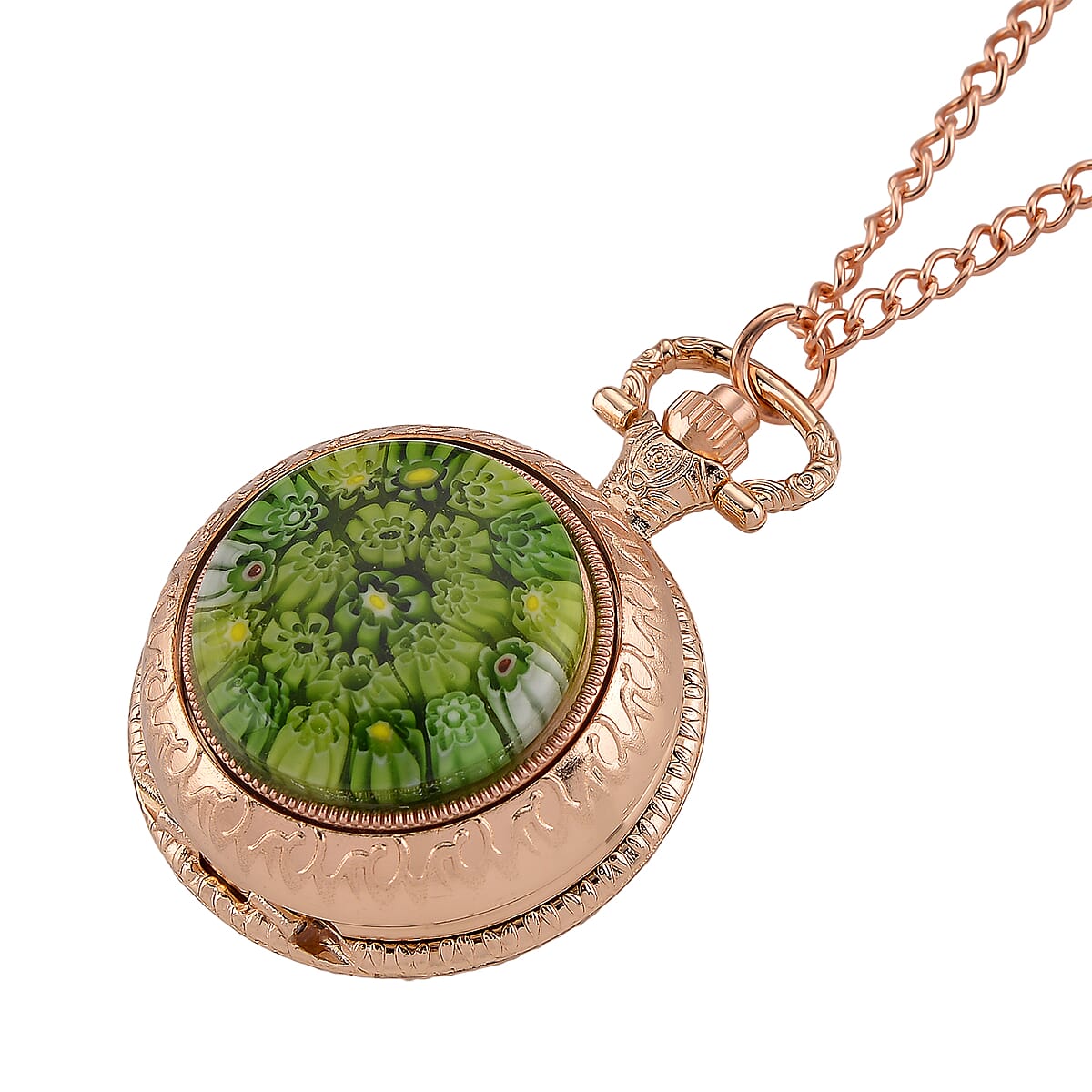 Strada Rotating Green Murano Style Japanese Movement Pocket Watch with Chain (36 Inches) in Rosetone image number 4