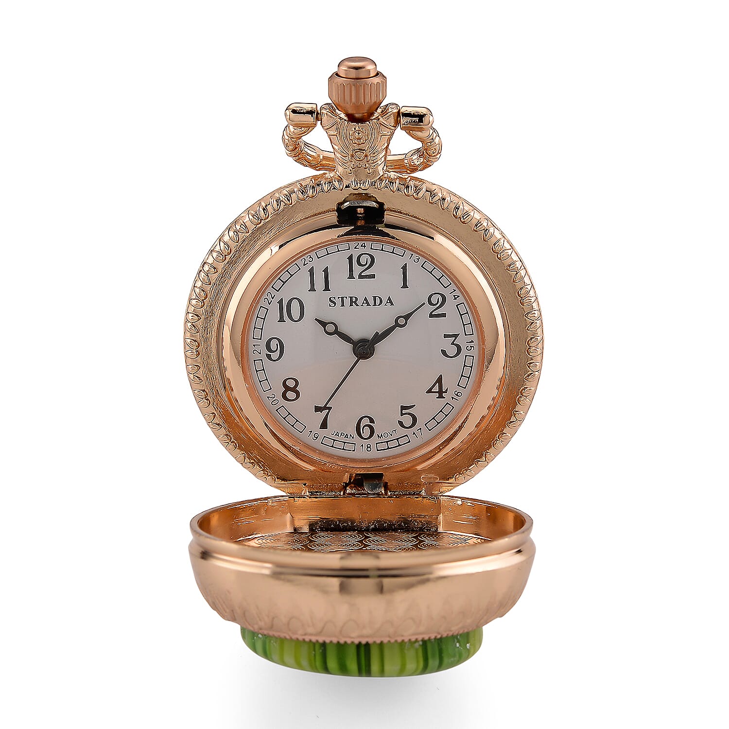 Strada Rotating Green Murano Style Japanese Movement Pocket Watch with Chain (36 Inches) in Rosetone