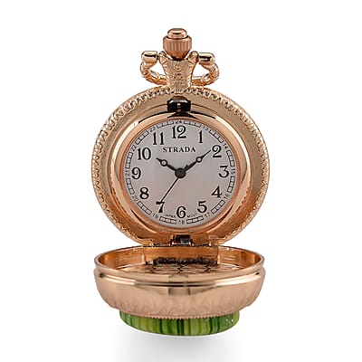 Strada Rotating Green Murano Style Japanese Movement Pocket Watch with Chain (36 Inches) in Rosetone