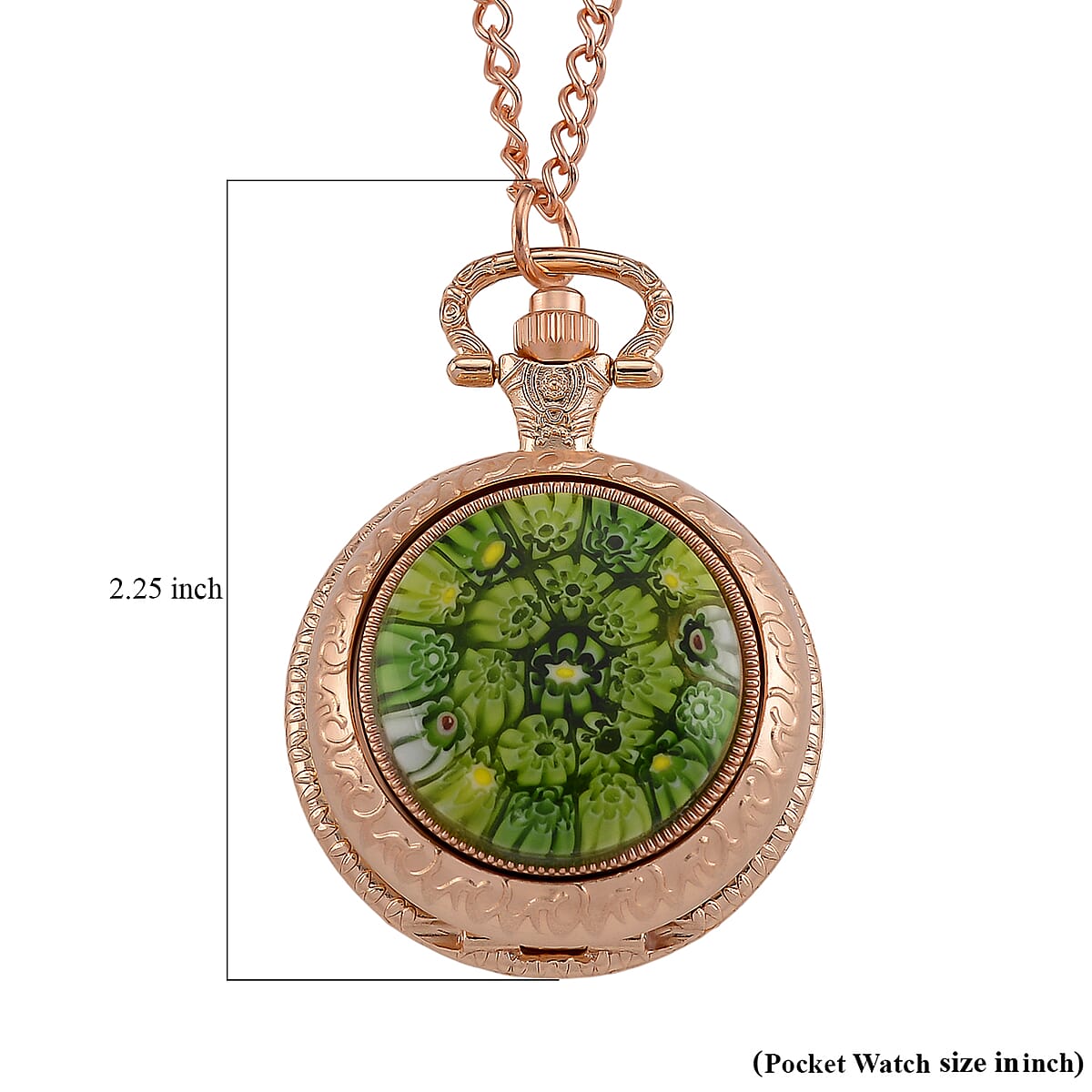 Strada Rotating Green Murano Style Japanese Movement Pocket Watch with Chain (36 Inches) in Rosetone image number 8