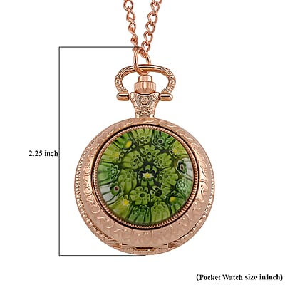 Strada Rotating Green Murano Style Japanese Movement Pocket Watch with Chain (36 Inches) in Rosetone