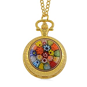 Strada Rotating Multi Murano Style Japanese Movement Pocket Watch with Chain (36 Inches) in Goldtone