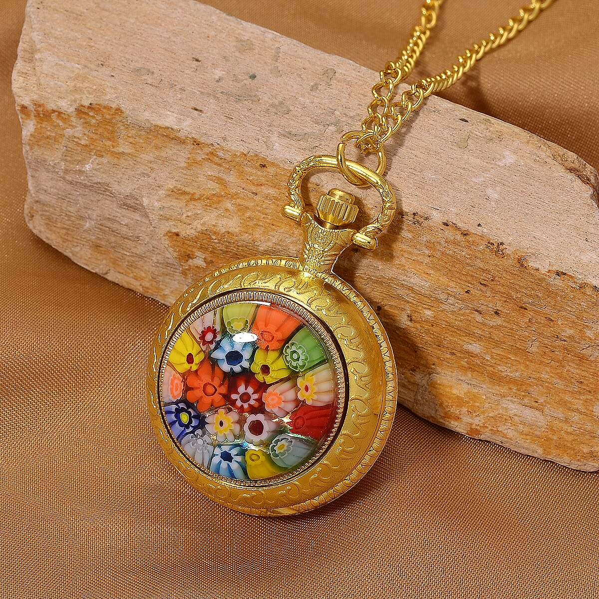 Strada Rotating Multi Murano Style Japanese Movement Pocket Watch with Chain (36 Inches) in Goldtone image number 1