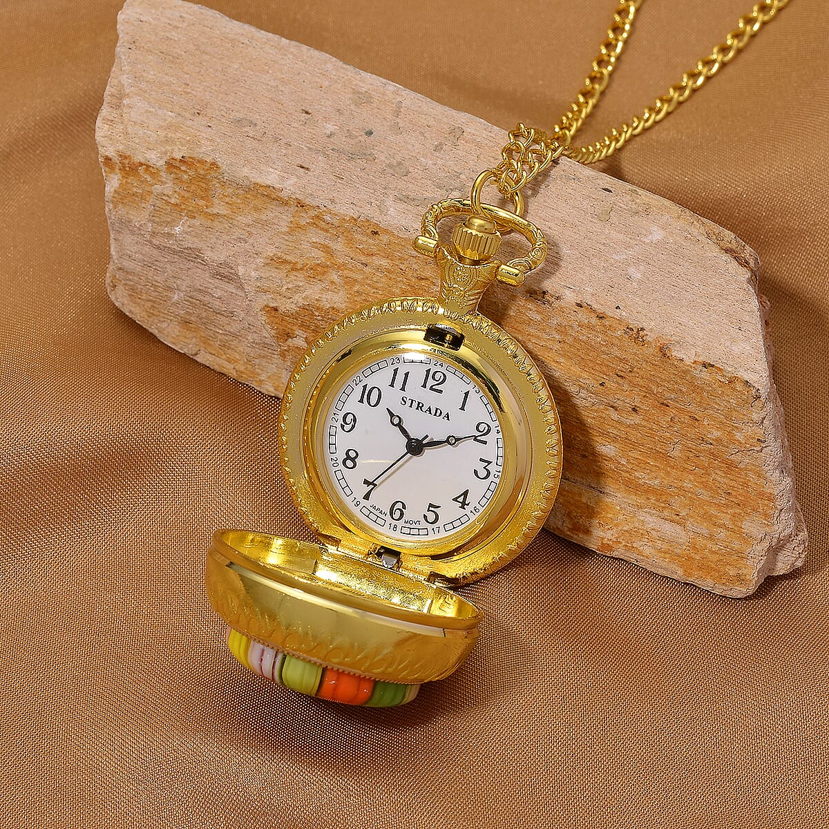 Strada Rotating Multi Murano Style Japanese Movement Pocket Watch with Chain (36 Inches) in Goldtone image number 2