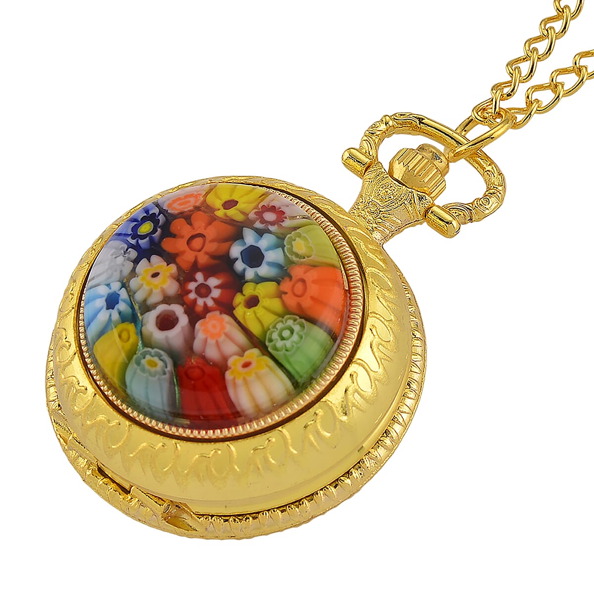 Strada Rotating Multi Murano Style Japanese Movement Pocket Watch with Chain (36 Inches) in Goldtone image number 3