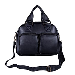 Passage Black Faux Leather Satchel Bag with Front Pocket